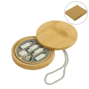 Multi-Charging Cable Set with Round Bamboo Case – Eco-Friendly & Portable