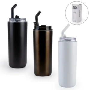 Double Wall Stainless Steel Tumbler 500ml – Transparent Lid & Metal Straw