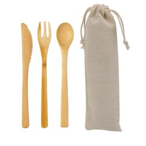 3-Piece Bamboo Cutlery Set – Eco-Friendly with Cotton Pouch