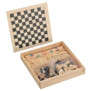 4-in-1 Wooden Game Set – Domino, Chess, Drafts & Mikado